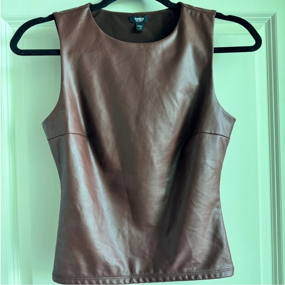 Express Women’s Faux Leather Brown Top Sleeveless Top Contour Top